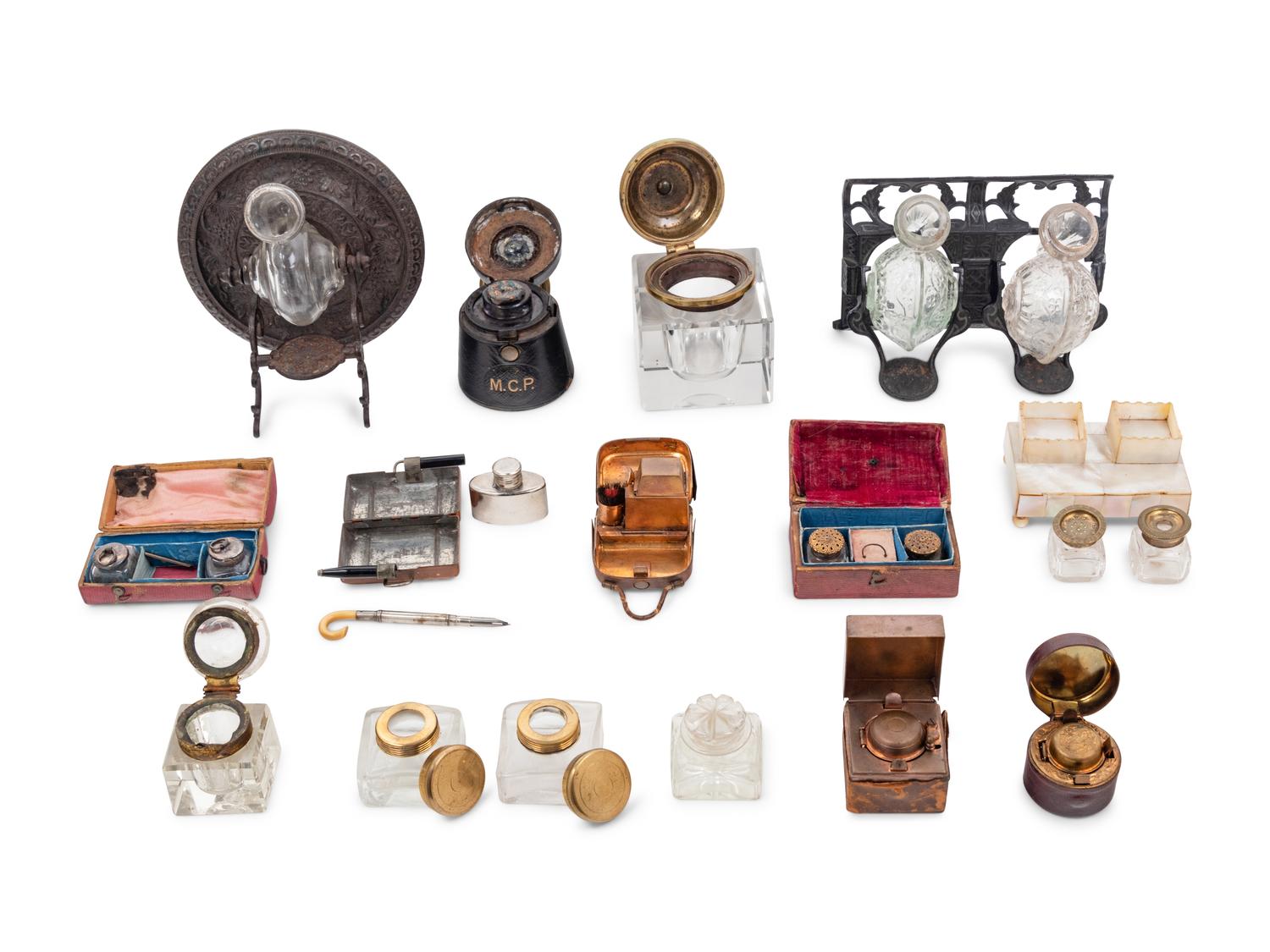 A Group of English Inkwells and Miniature Stationery Cases