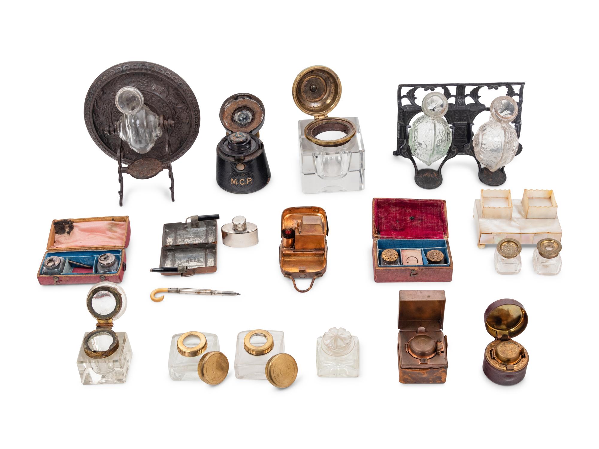 A Group of English Inkwells and Miniature Stationery Cases