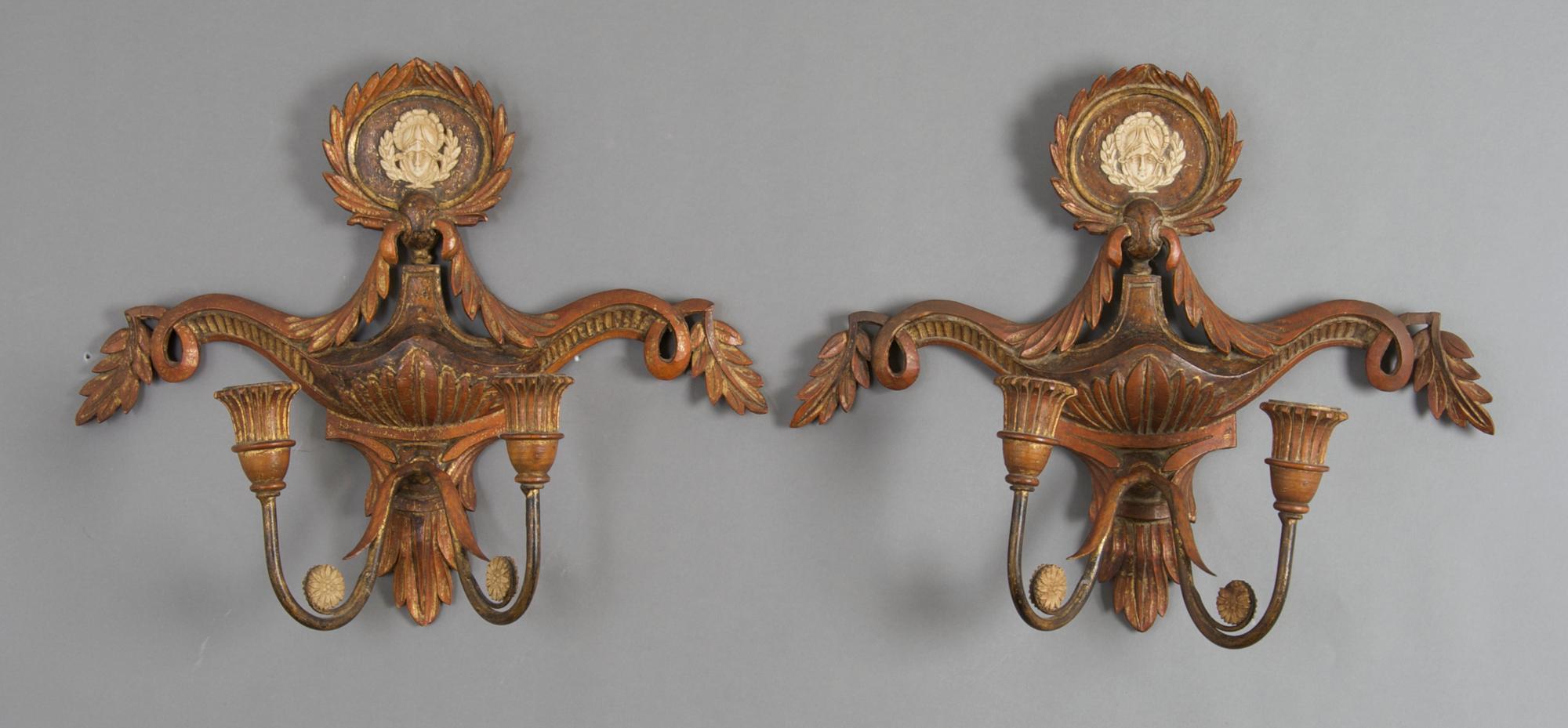 A Pair of Parcel Giltwood Two-Light Sconces, Height 11 1/2 x width 14 1/2 inches.
