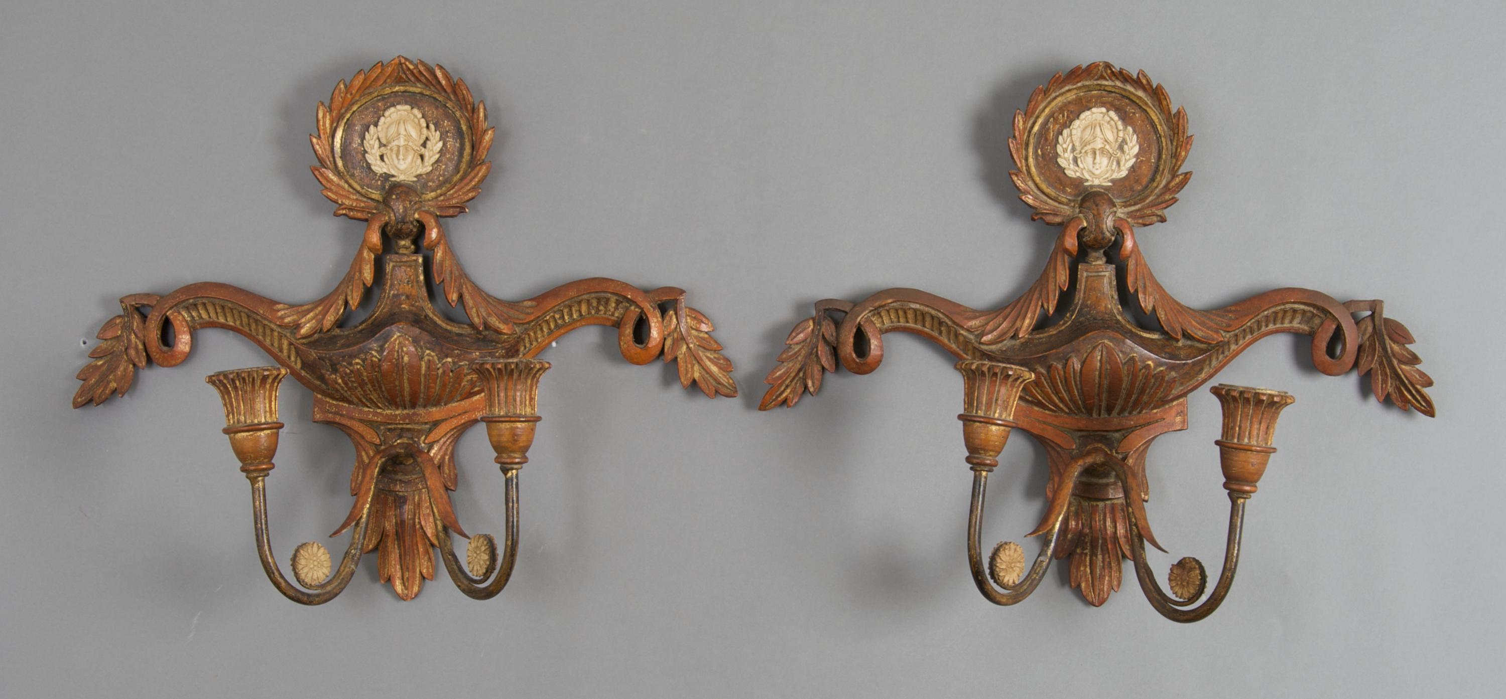 A Pair of Parcel Giltwood Two-Light Sconces, Height 11 1/2 x width 14 1/2 inches.