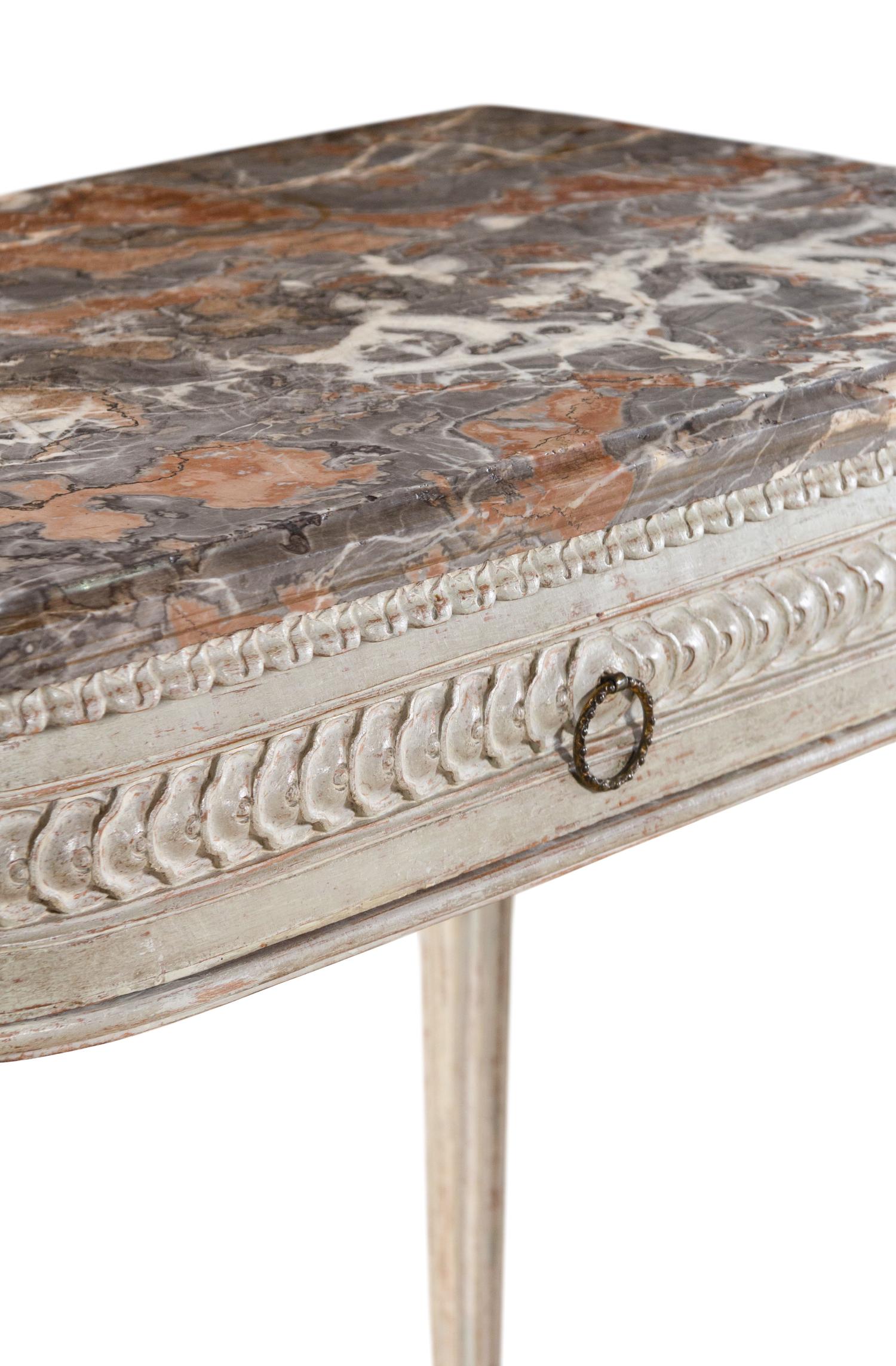 A Pair of Louis XVI Carved and Painted Marble-Top Pier Tables