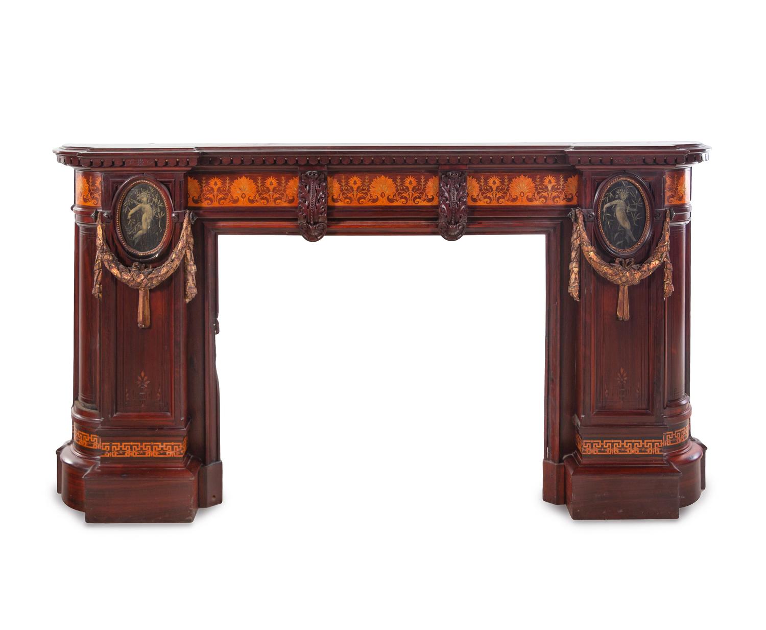 A Herter Brothers Parcel Ebonized and Rosewood Inlaid Walnut Chimneypiece
