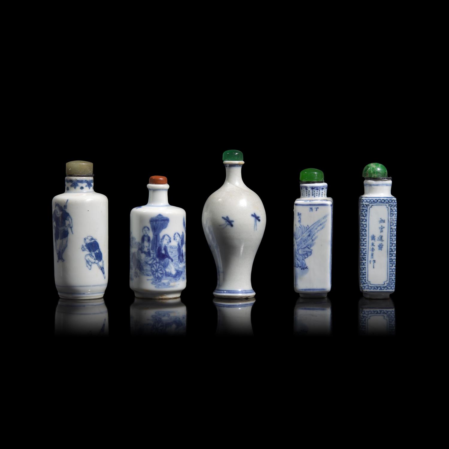 Five Chinese Blue and White Porcelain Snuff Bottles