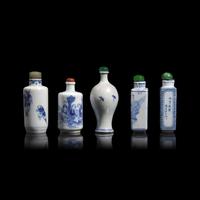 Five Chinese Blue and White Porcelain Snuff Bottles