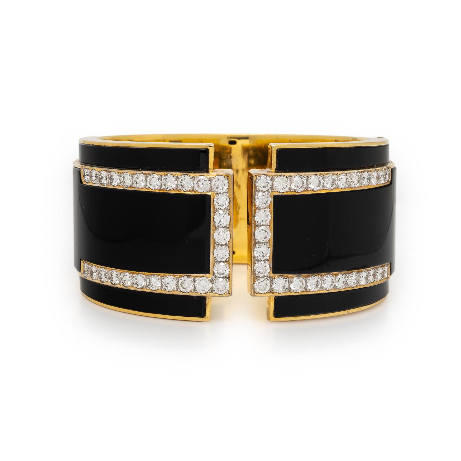 Onyx, Diamond, and Yellow Gold Cuff Bracelet