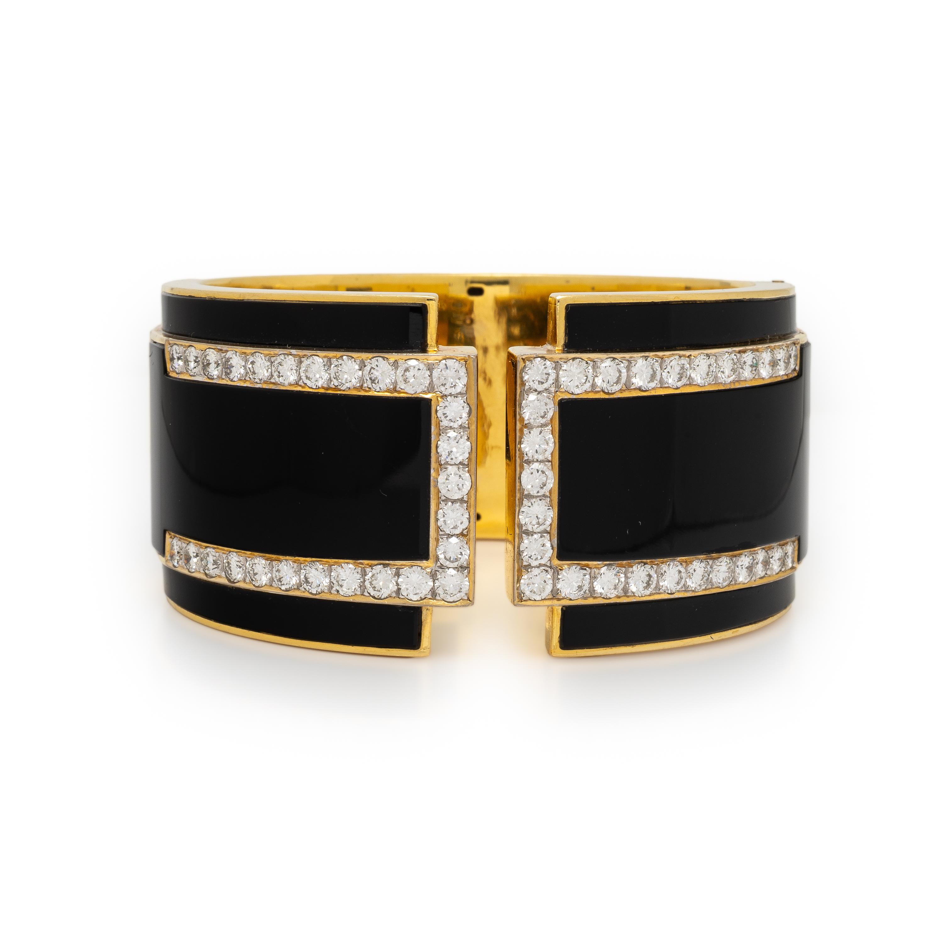 Onyx, Diamond, and Yellow Gold Cuff Bracelet
