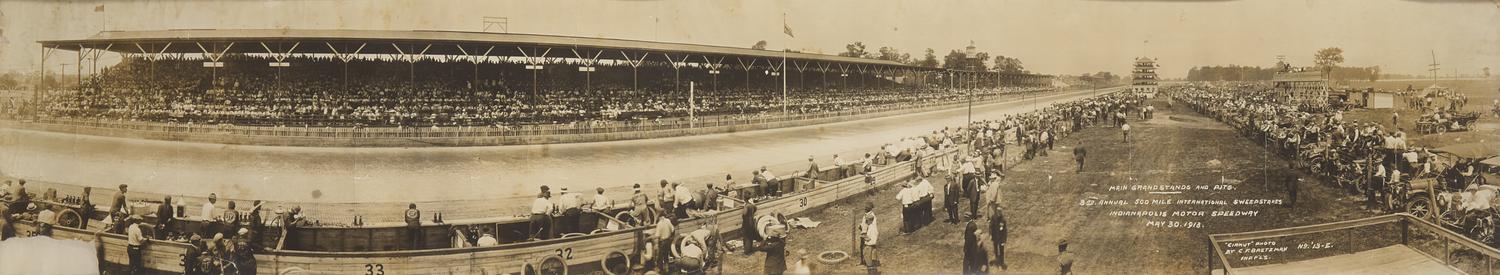 [Motor Racing] [Indianapolis 500] Bretzman, Charles F. Panoramic photograph of the Main Grandstands and Pits, 3rd Annual 500 Mile International Sweepstakes Indianapolis Motor Speedway May 30, 1913