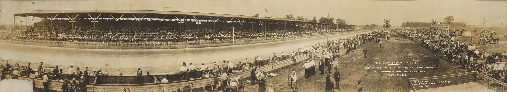 [Motor Racing] [Indianapolis 500] Bretzman, Charles F. Panoramic photograph of the Main Grandstands and Pits, 3rd Annual 500 Mile International Sweepstakes Indianapolis Motor Speedway May 30, 1913