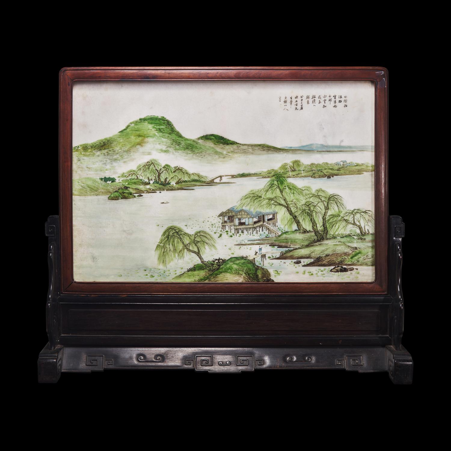 A Chinese Painted Marble 'Landscape' Table Screen, Early 20th Century 民國 擬王翚筆意彩繪山水圖大理石案屏
