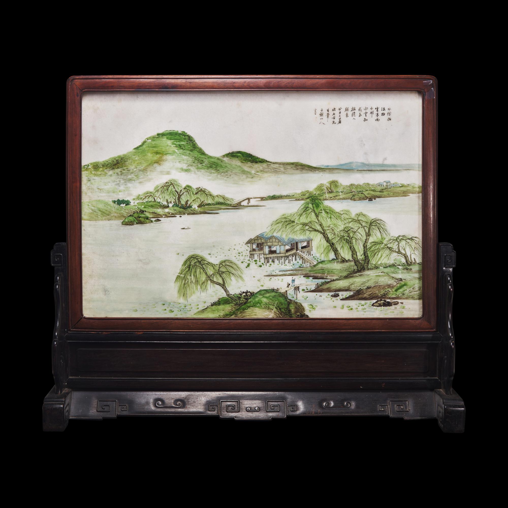 A Chinese Painted Marble 'Landscape' Table Screen, Early 20th Century 民國 擬王翚筆意彩繪山水圖大理石案屏