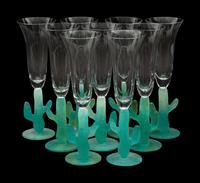 A Set of Nine Daum Pâte-de-Verre Cactus Champagne Flutes