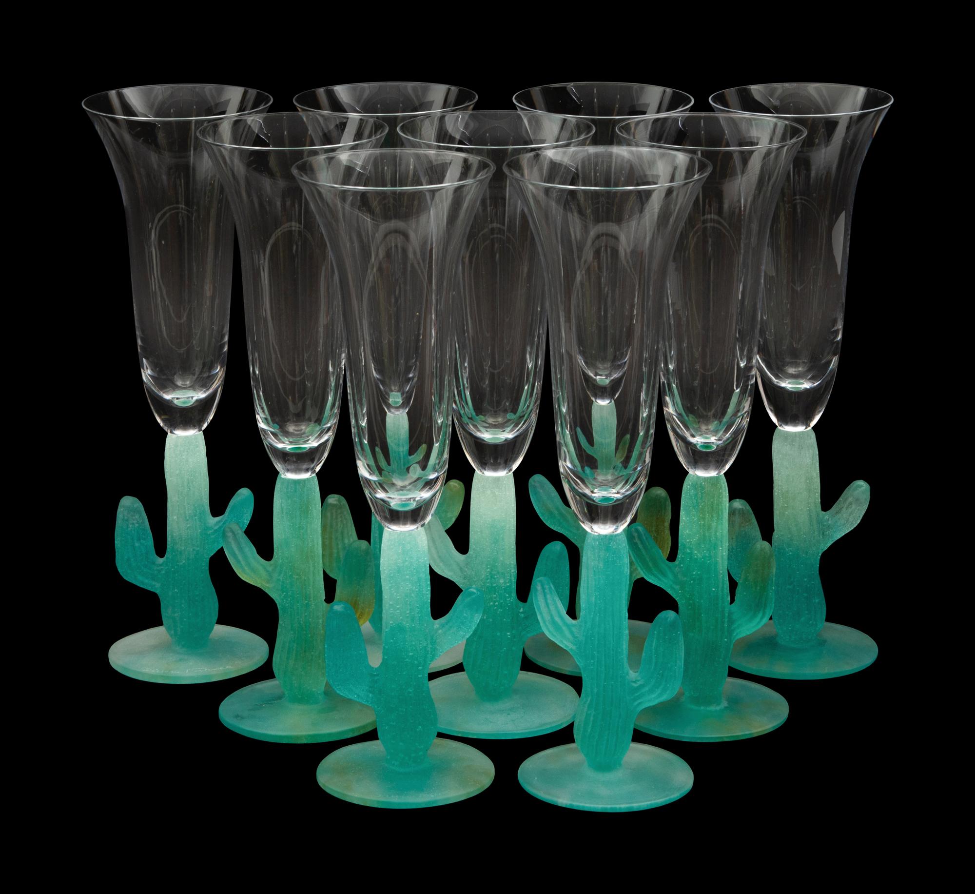 A Set of Nine Daum Pâte-de-Verre Cactus Champagne Flutes