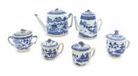 A Canton Porcelain Blue and White Tea and Chocolate Set Height of largest 5 1/2 inches. — 19TH CENTURY