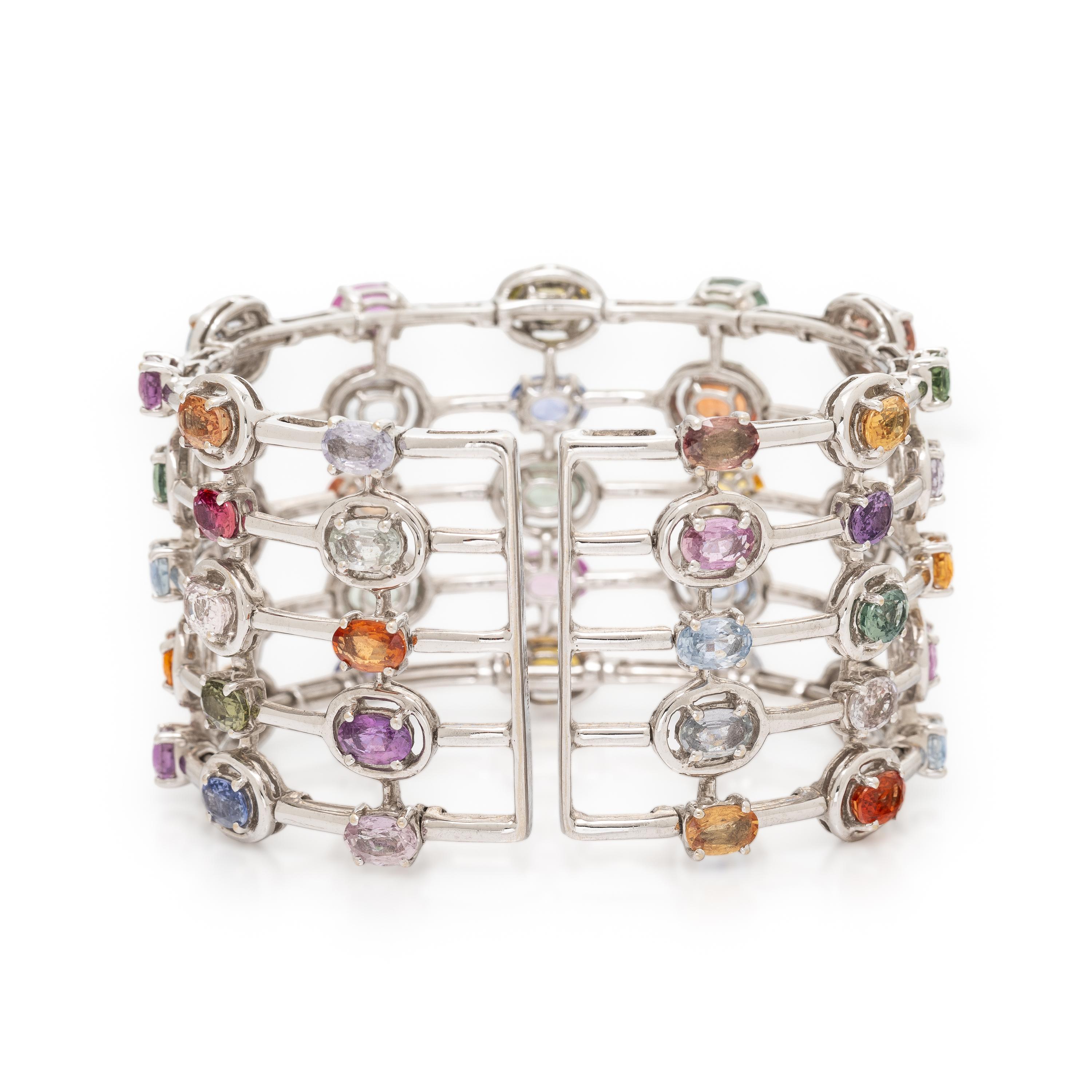 Multicolored Sapphire, Diamond, and White Gold Cuff Bracelet