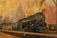 Locomotive in Train Yard with City in Distance