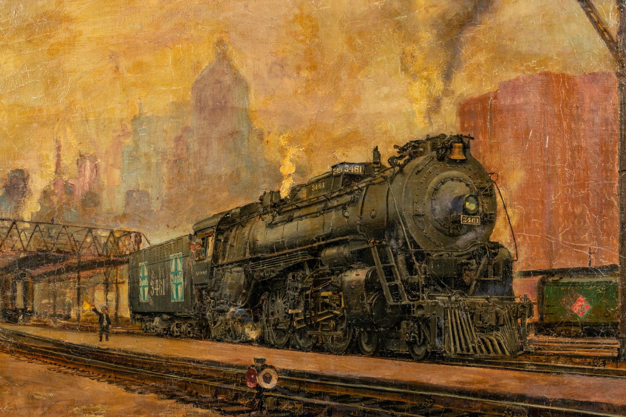 Locomotive in Train Yard with City in Distance