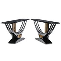 A Pair of Art Deco Style Black Lacquered and Parcel Gilt Console Tables