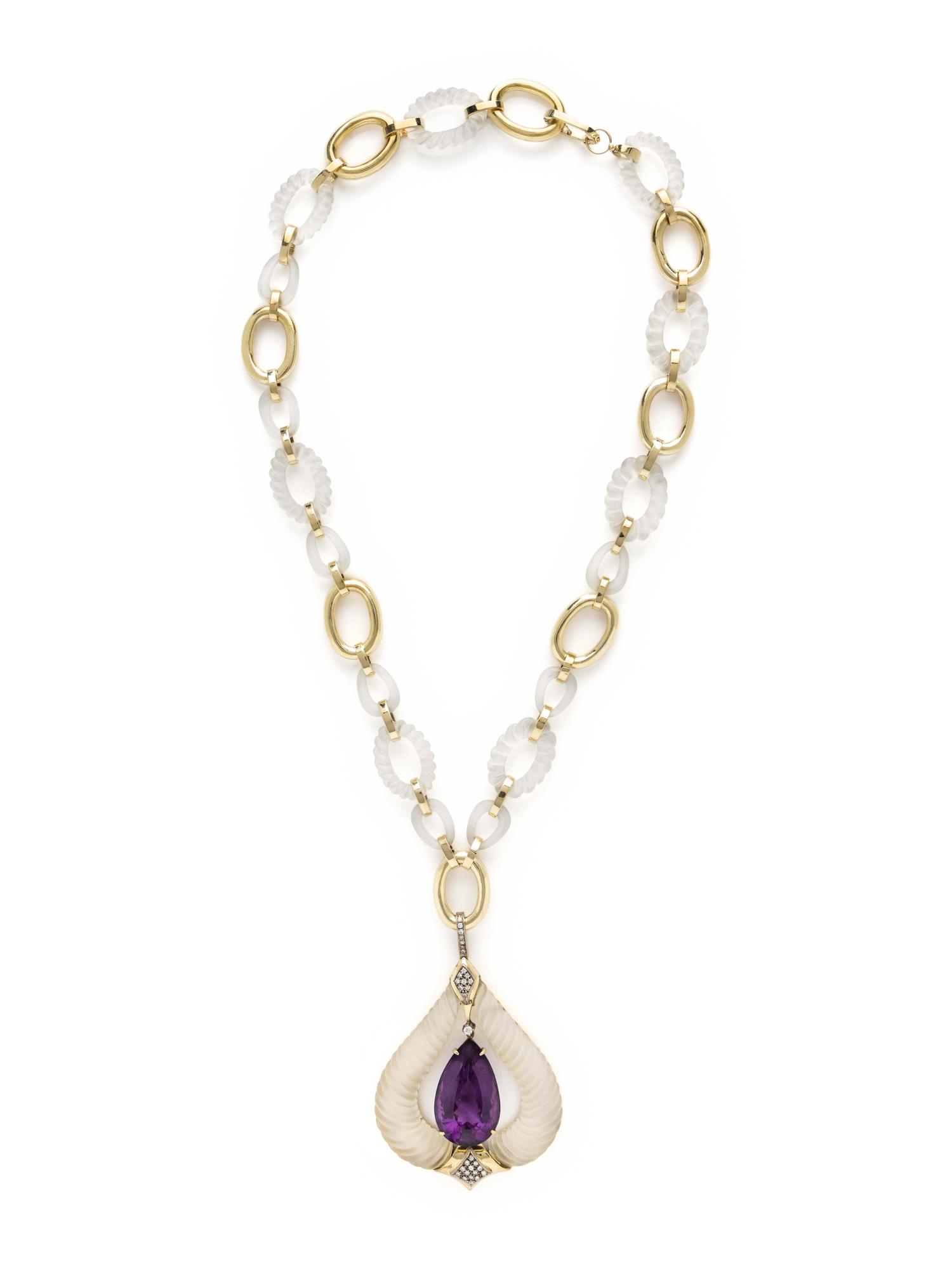 AMETHYST, ROCK CRYSTAL AND DIAMOND PENDANT/NECKLACE