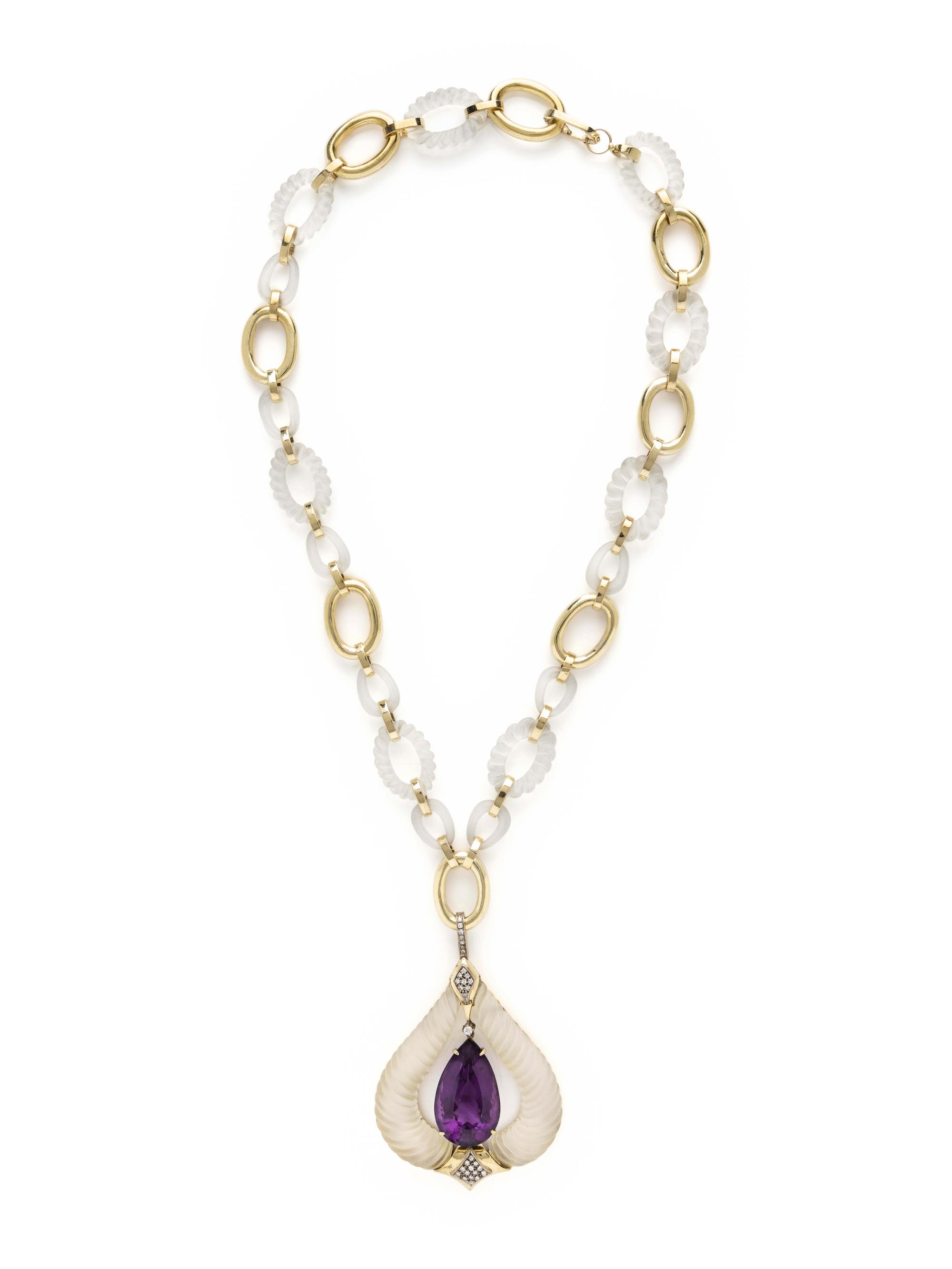 AMETHYST, ROCK CRYSTAL AND DIAMOND PENDANT/NECKLACE