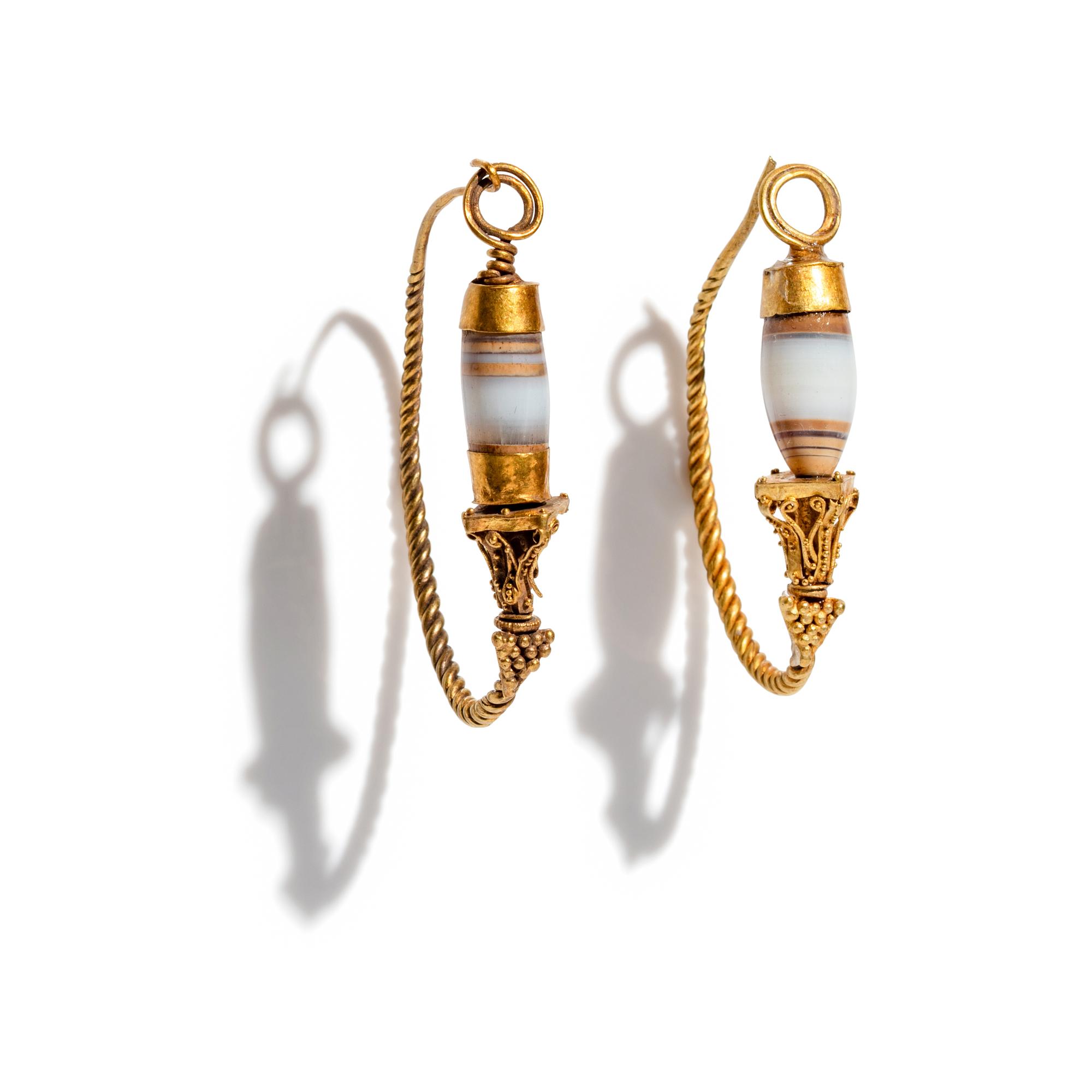 A Pair of Roman Agate and Gold Hoop Earrings