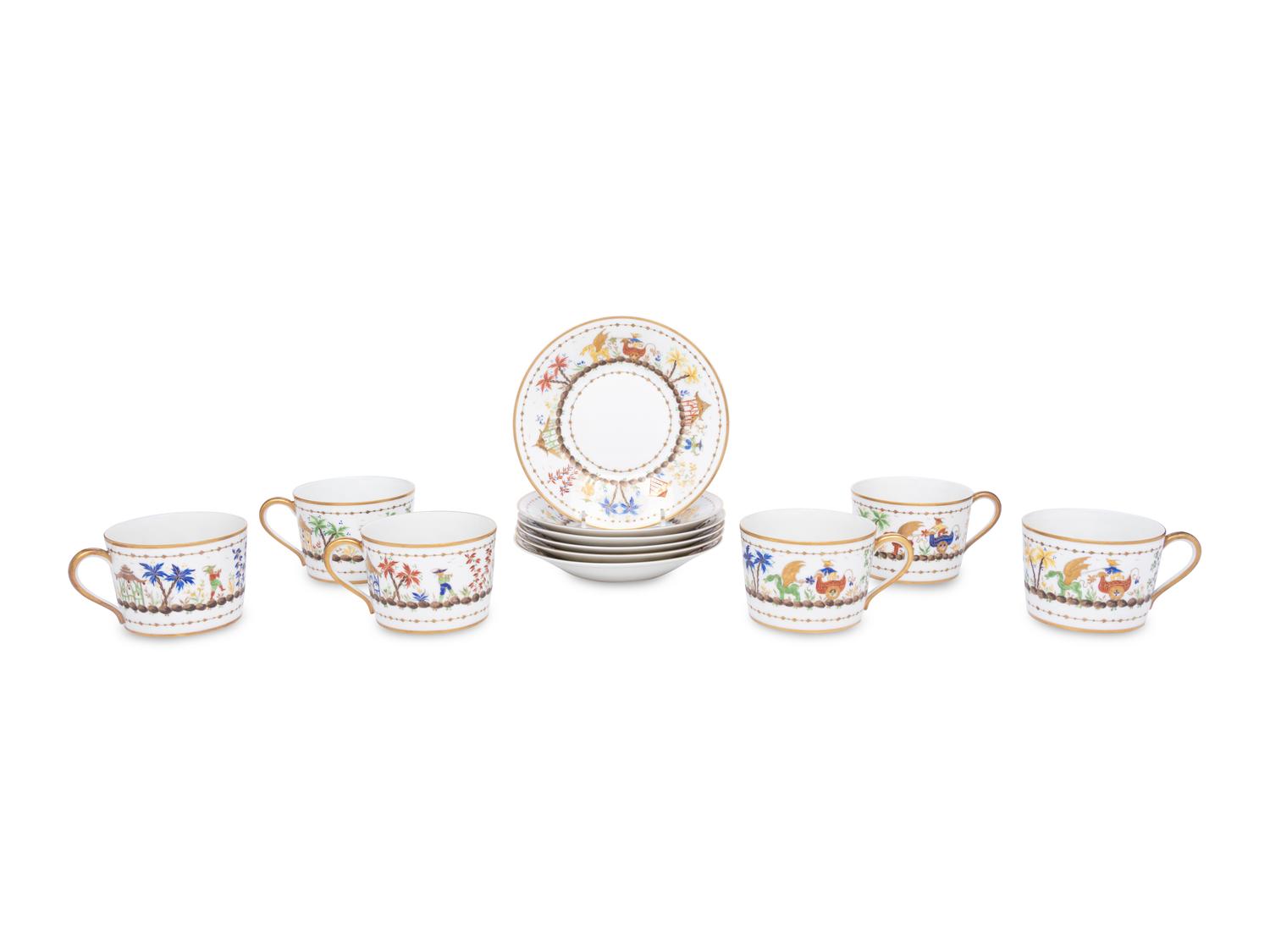 A Set of Six Le Tallec Cirque Chinois Porcelain Cups and Saucers