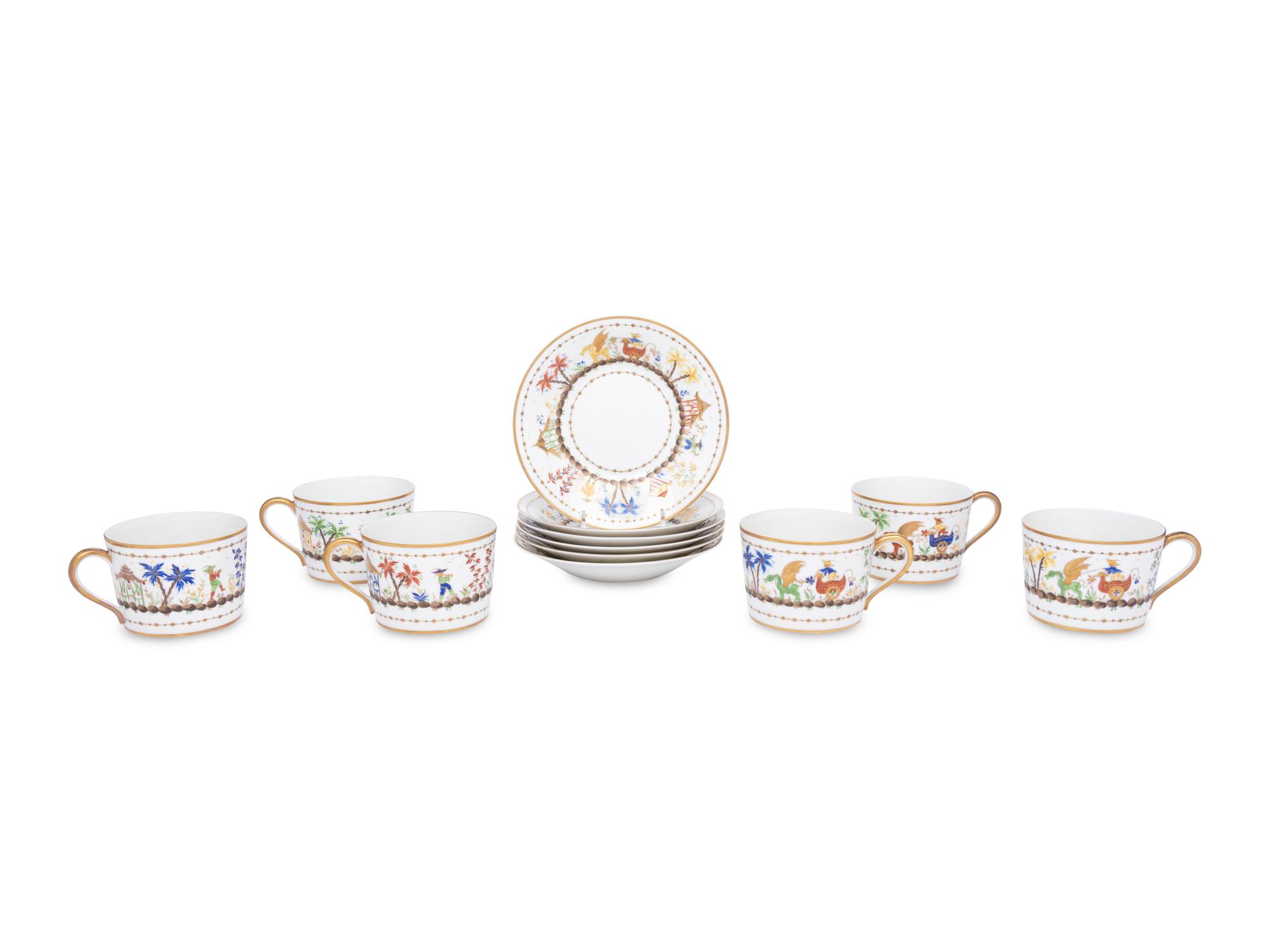 A Set of Six Le Tallec Cirque Chinois Porcelain Cups and Saucers