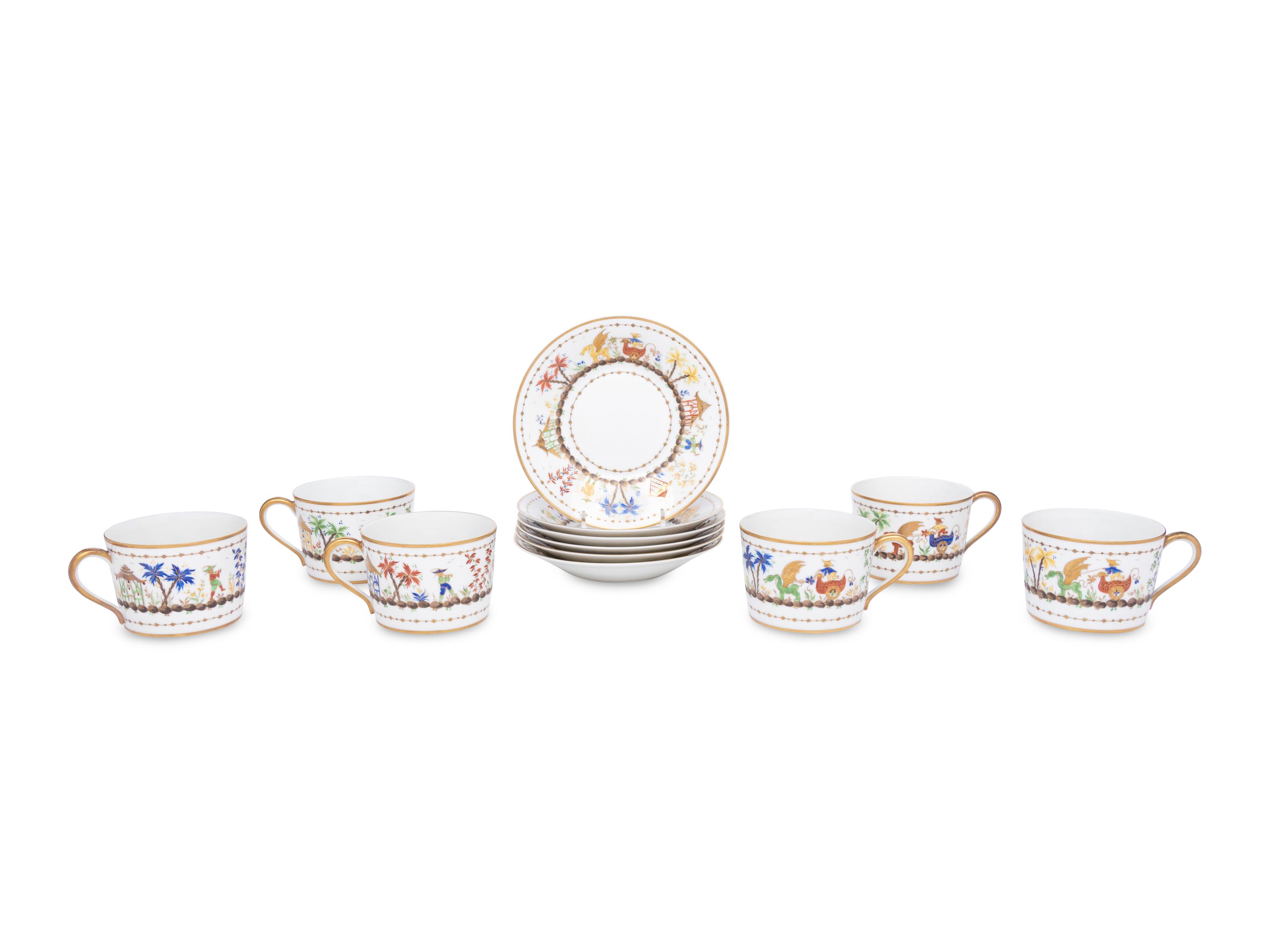 A Set of Six Le Tallec Cirque Chinois Porcelain Cups and Saucers