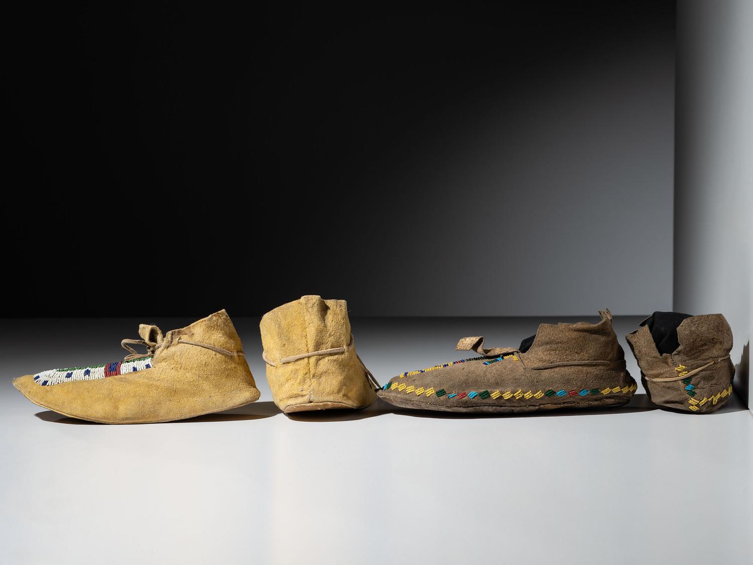 Arapaho Beaded Hide Moccasins, Two Pairs