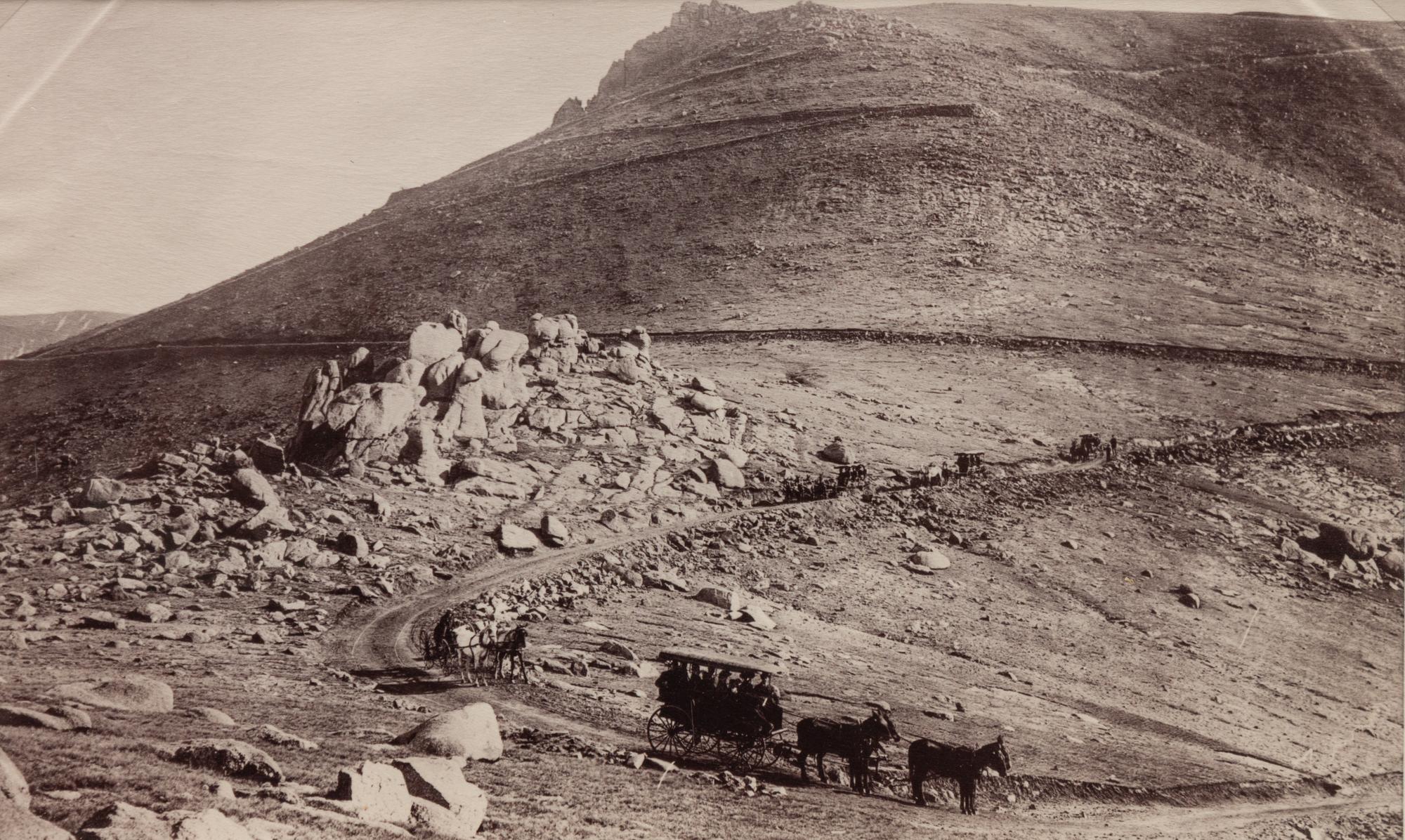 A group of five photographs (854. The Loop; 699. A Glimpse of Pikes Peak. Briarhurst; 1007. Marshall Pass; 3232. Summit of Fremont Pass, 11540 ft.; Untitled (Crossing over a pass))