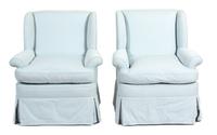 A Pair of Blue and White Checked Upholstered Wing Chairs Height 34 1/2 x width 25 1/2 x depth 21 inches. — 20TH CENTURY