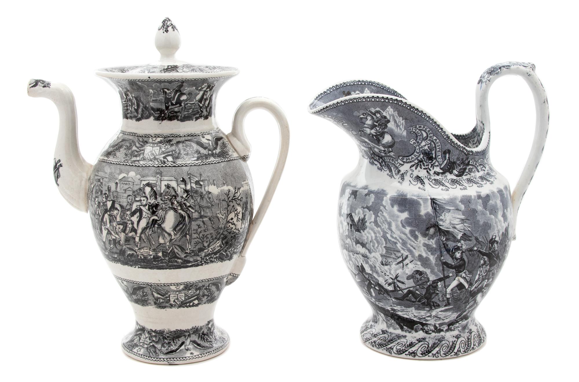An English Transfer Decorated Coffee Pot and a Pitcher