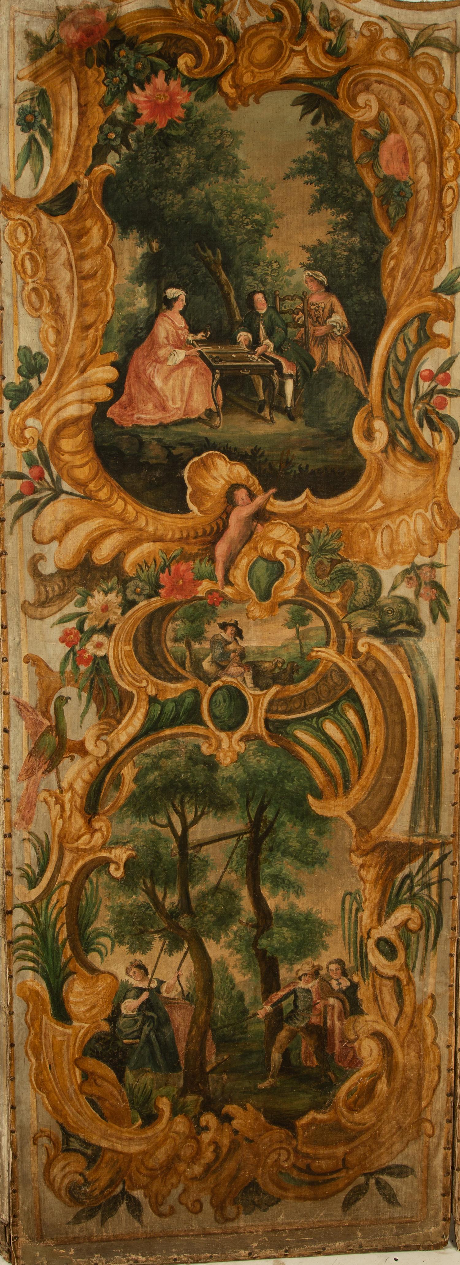 A French Five-Panel Hand Painted Canvas Floor Screen — 18TH CENTURY