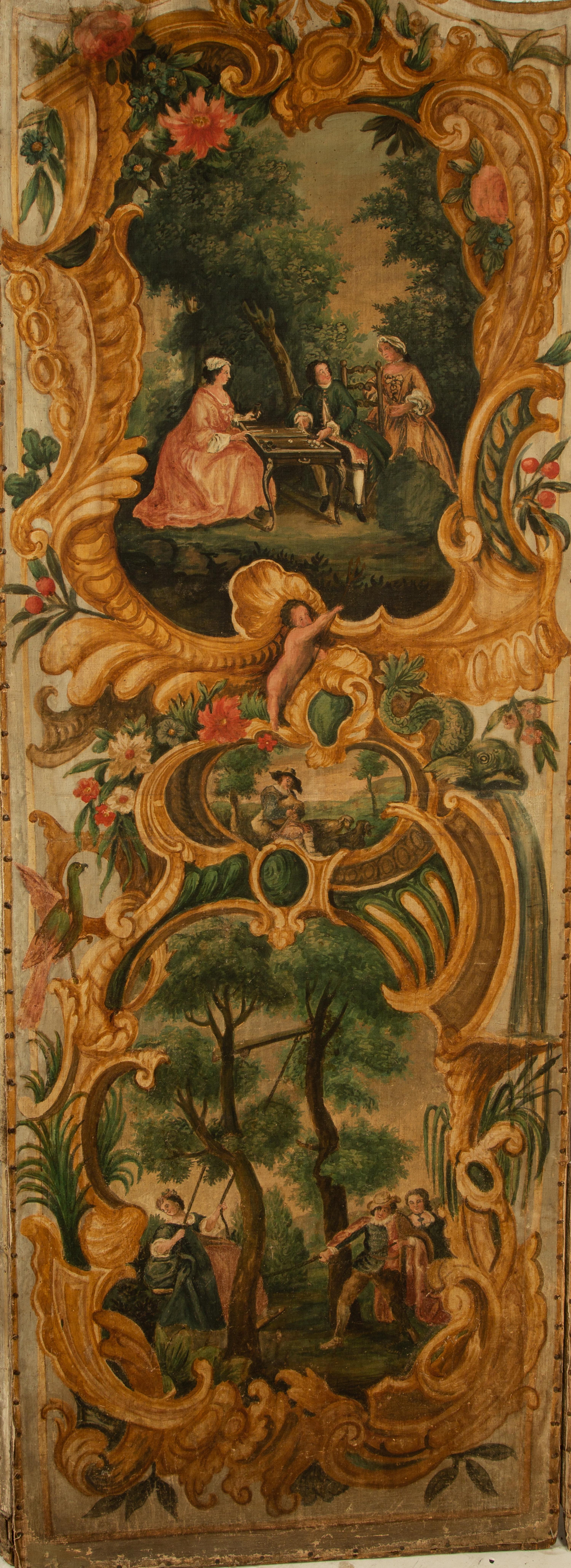 A French Five-Panel Hand Painted Canvas Floor Screen — 18TH CENTURY