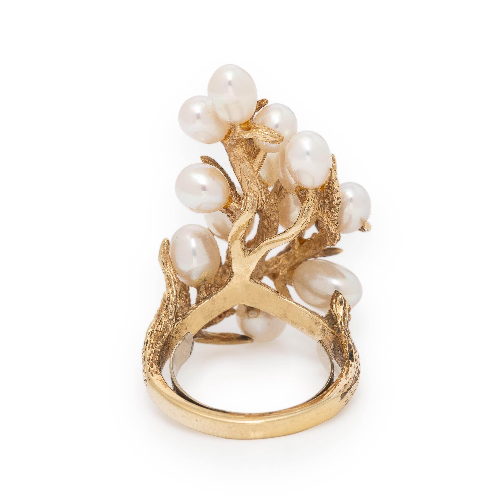 Cultured Pearl, Diamond, and Yellow Gold Foliate Ring