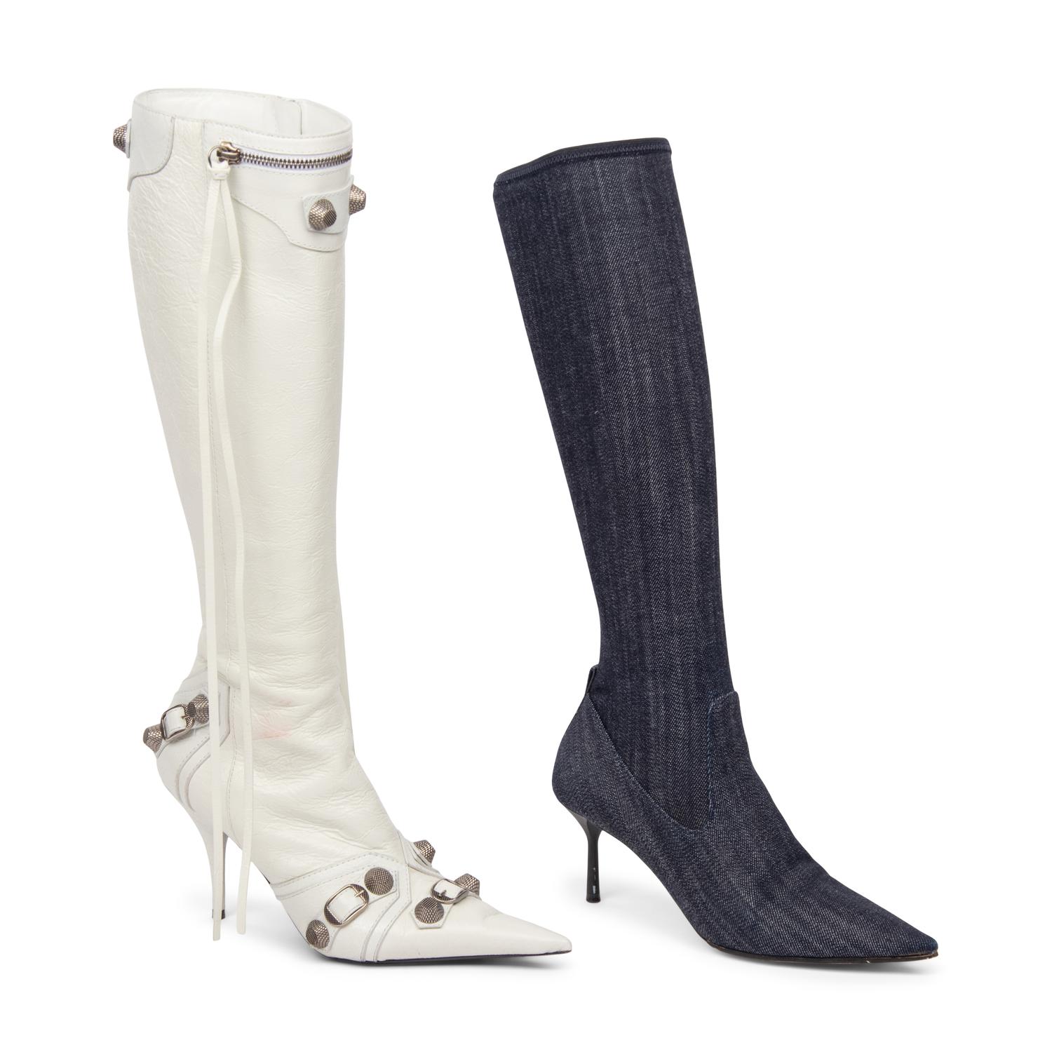 TWO PAIRS OF DESIGNER BOOTS, BALENCIAGA AND MIU MIU