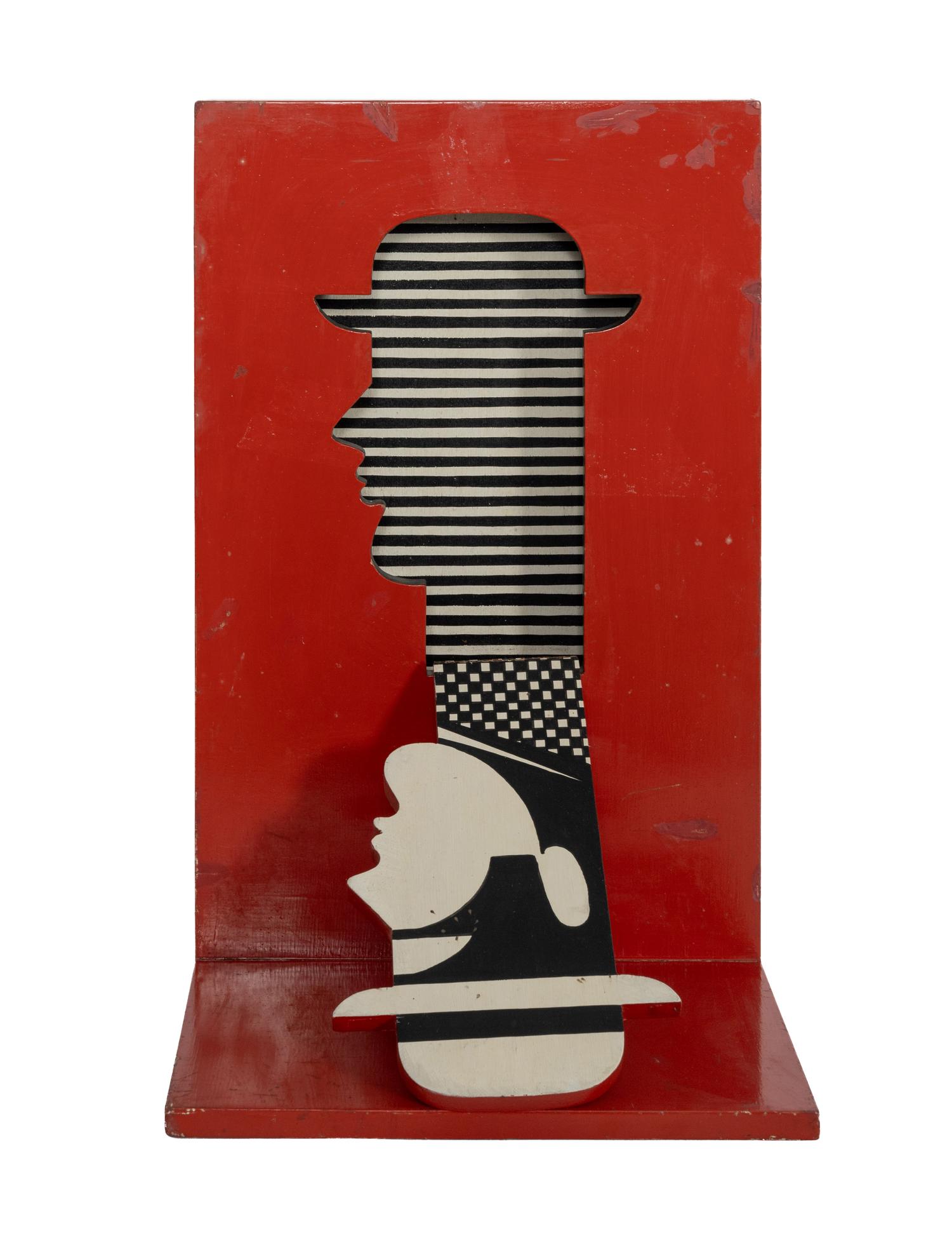 Head in red box with black and white interior