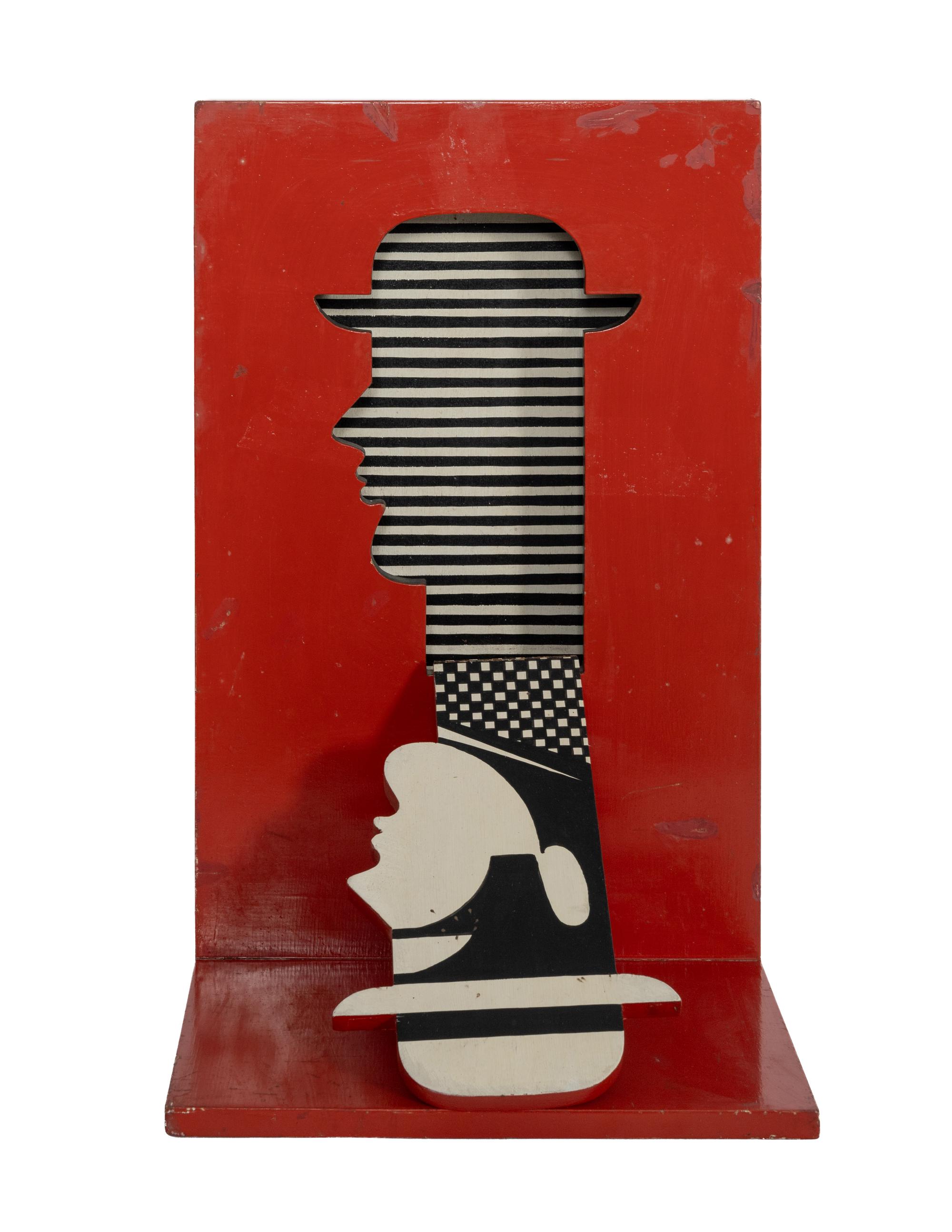 Head in red box with black and white interior