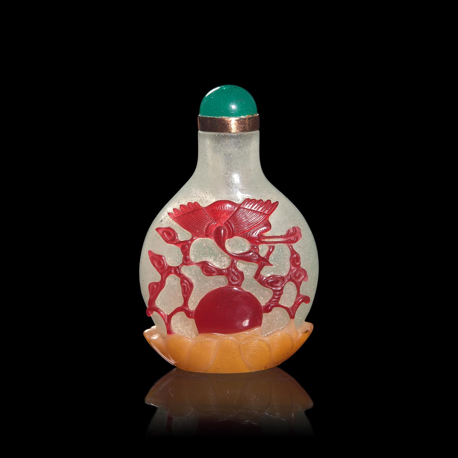 A Chinese Carved Multicolor Overlaid Glass "Crane and Cricket" Snuff Bottle