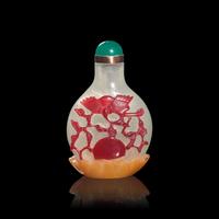 A Chinese Carved Multicolor Overlaid Glass "Crane and Cricket" Snuff Bottle