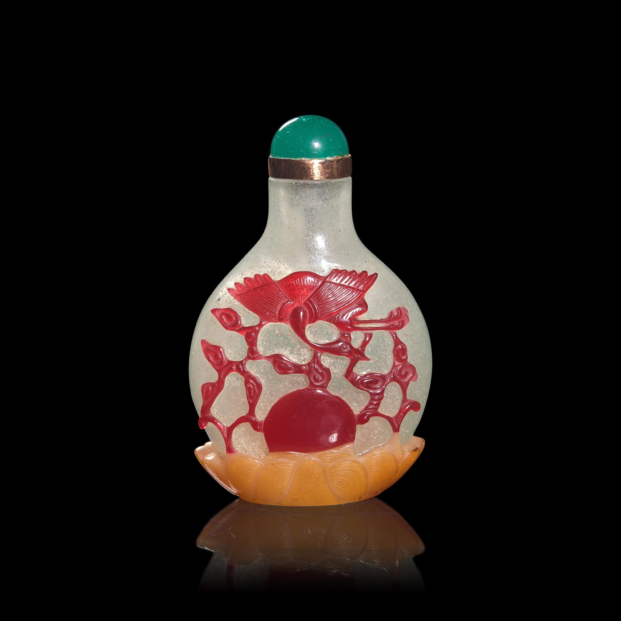 A Chinese Carved Multicolor Overlaid Glass "Crane and Cricket" Snuff Bottle
