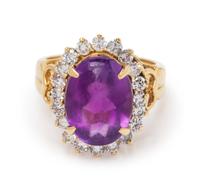 A 14 Karat Yellow Gold, Amethyst and Diamond Ring,
