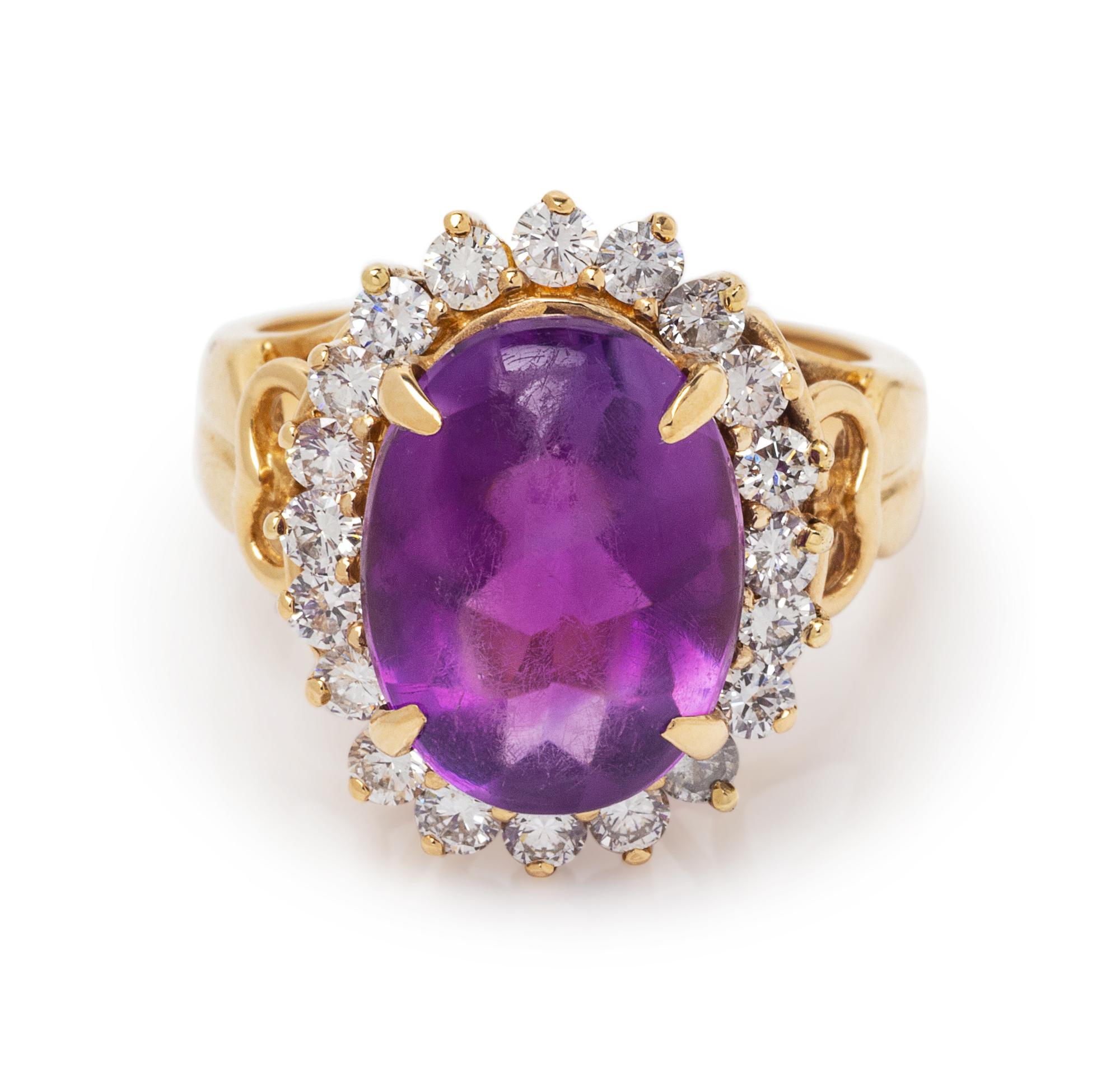 A 14 Karat Yellow Gold, Amethyst and Diamond Ring,