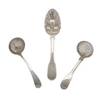 An English Silver Cranberry Spoon, Sauce Ladle and Slotted Ladle