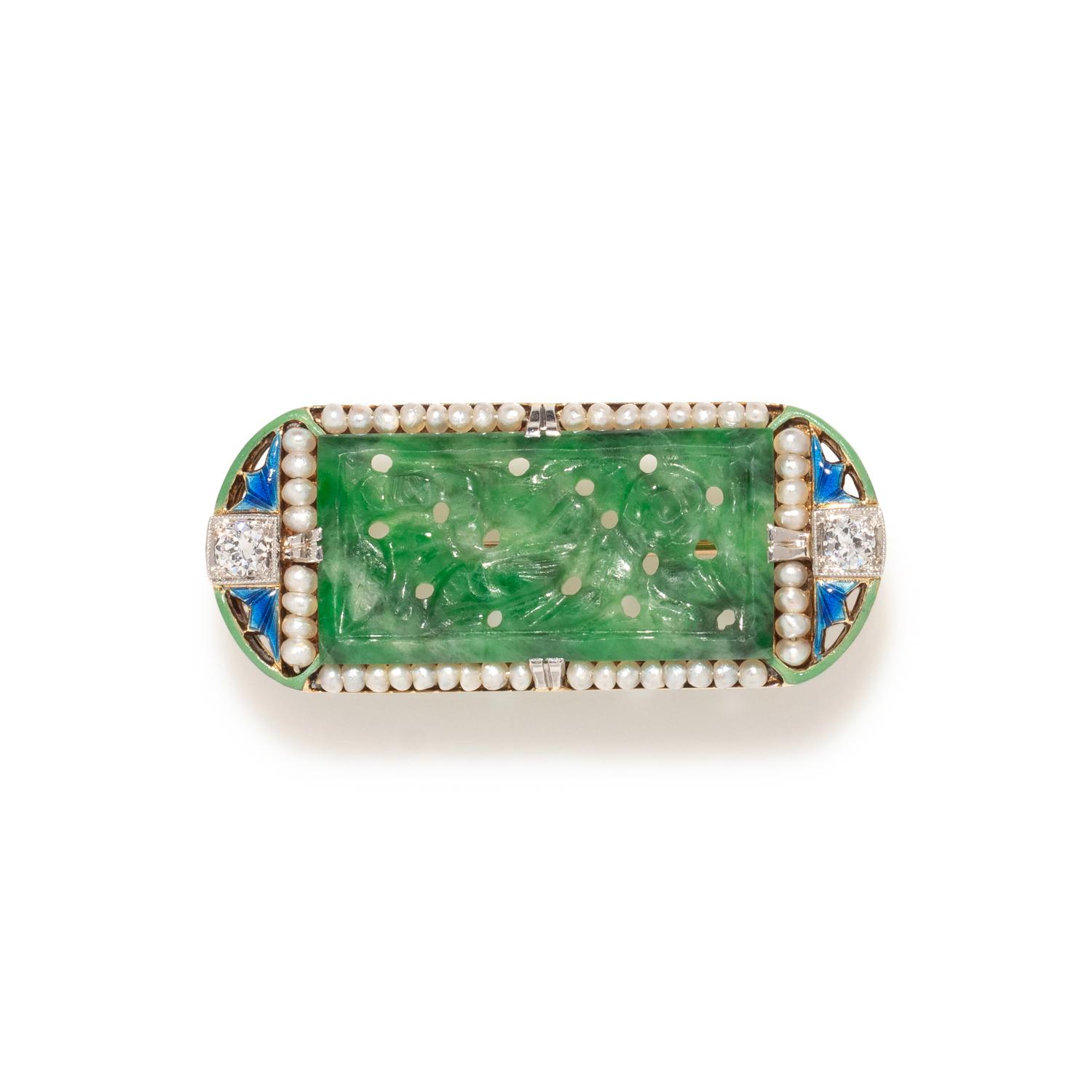 BAILEY, BANKS & BIDDLE, ART DECO, JADE, DIAMOND AND ENAMEL BROOCH