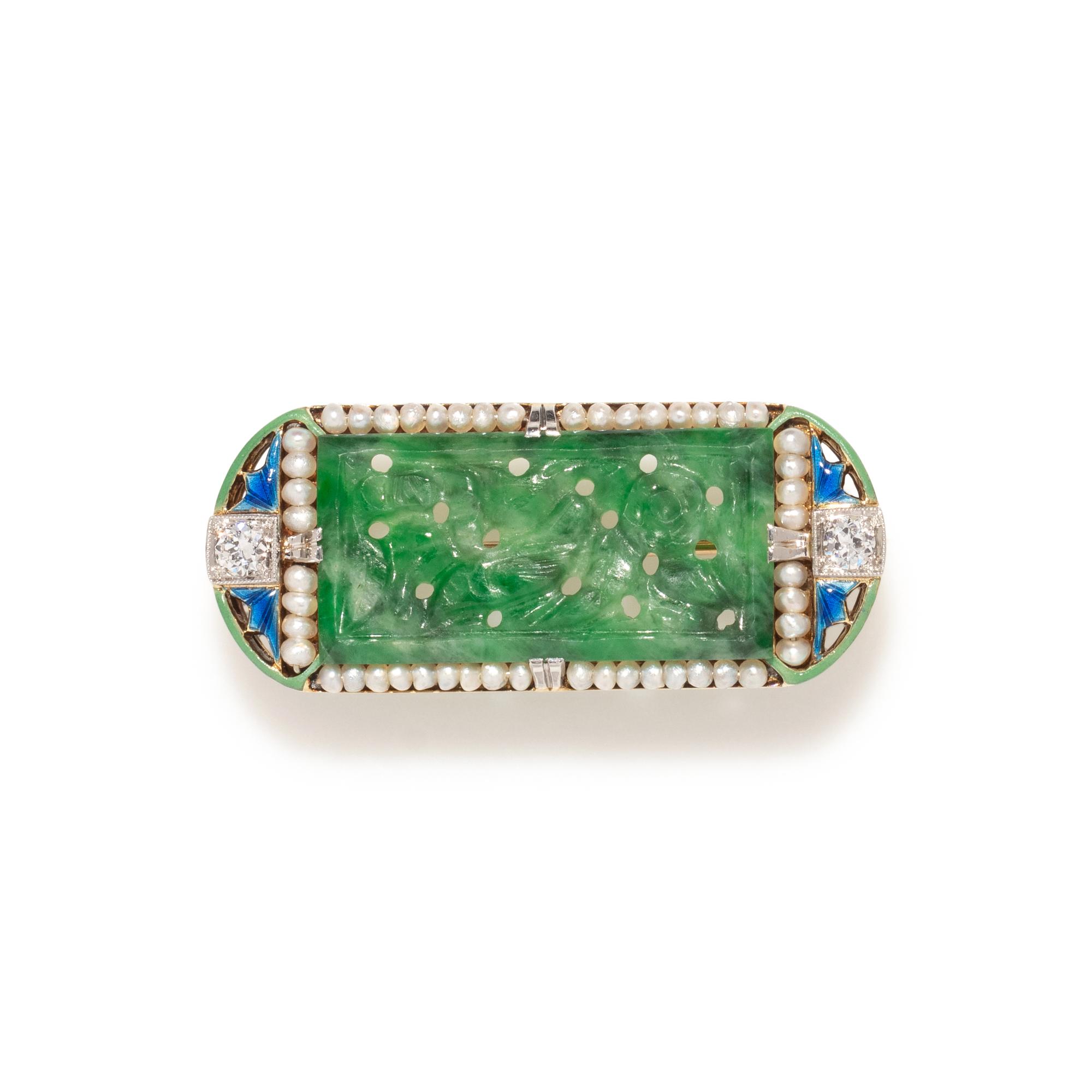 BAILEY, BANKS & BIDDLE, ART DECO, JADE, DIAMOND AND ENAMEL BROOCH