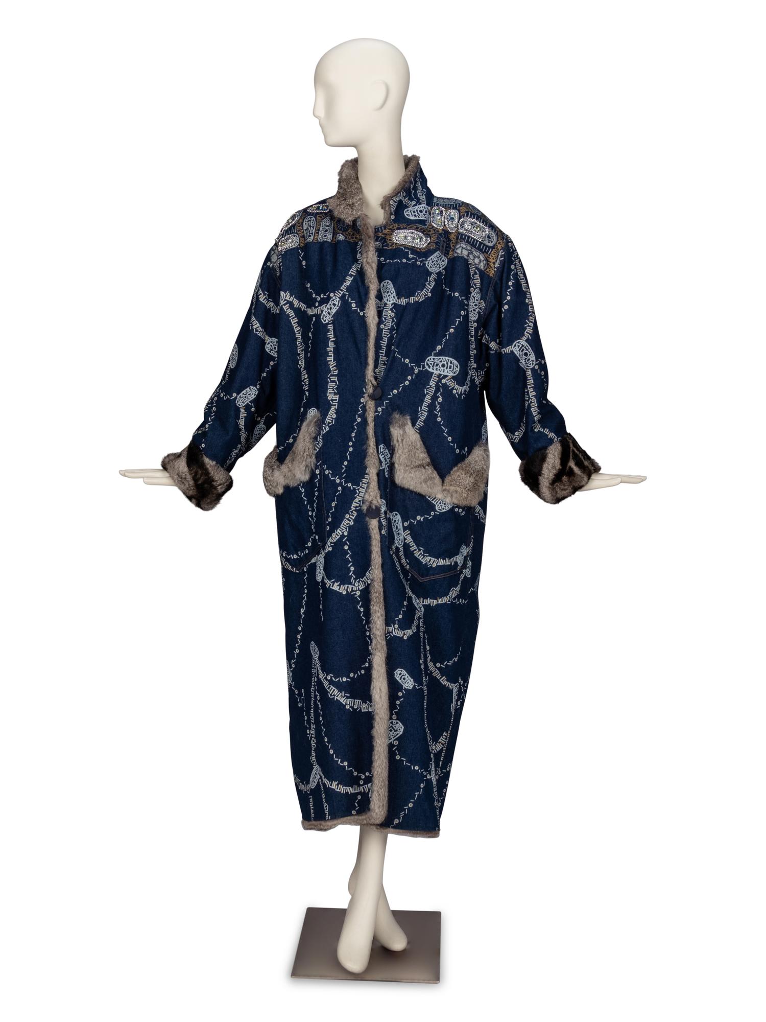 Zandra Rhodes Fur-Lined Denim Painted Coat, 1980s