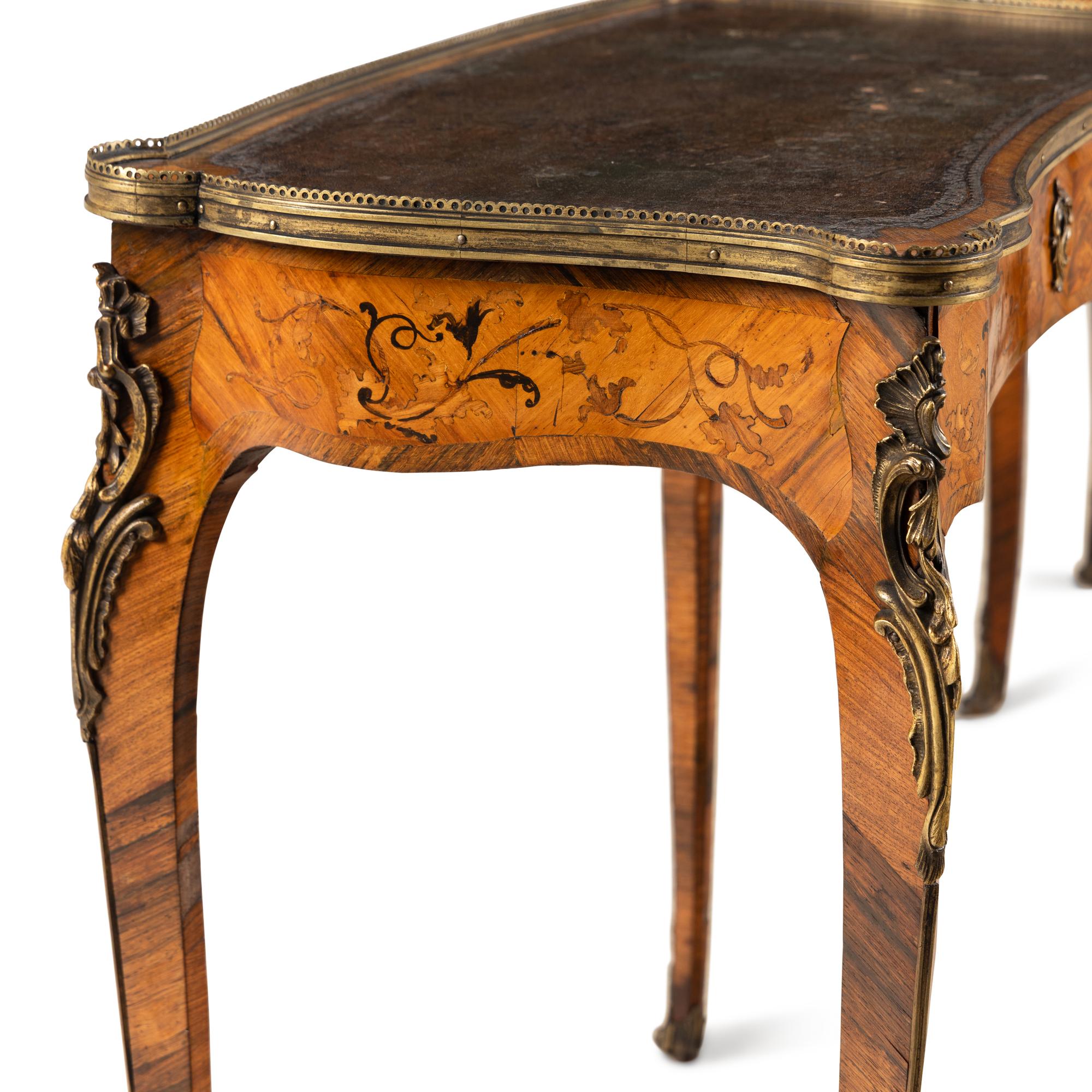 A Pair of Louis XV Style Gilt Bronze Mounted Marquetry Tables à Écrire