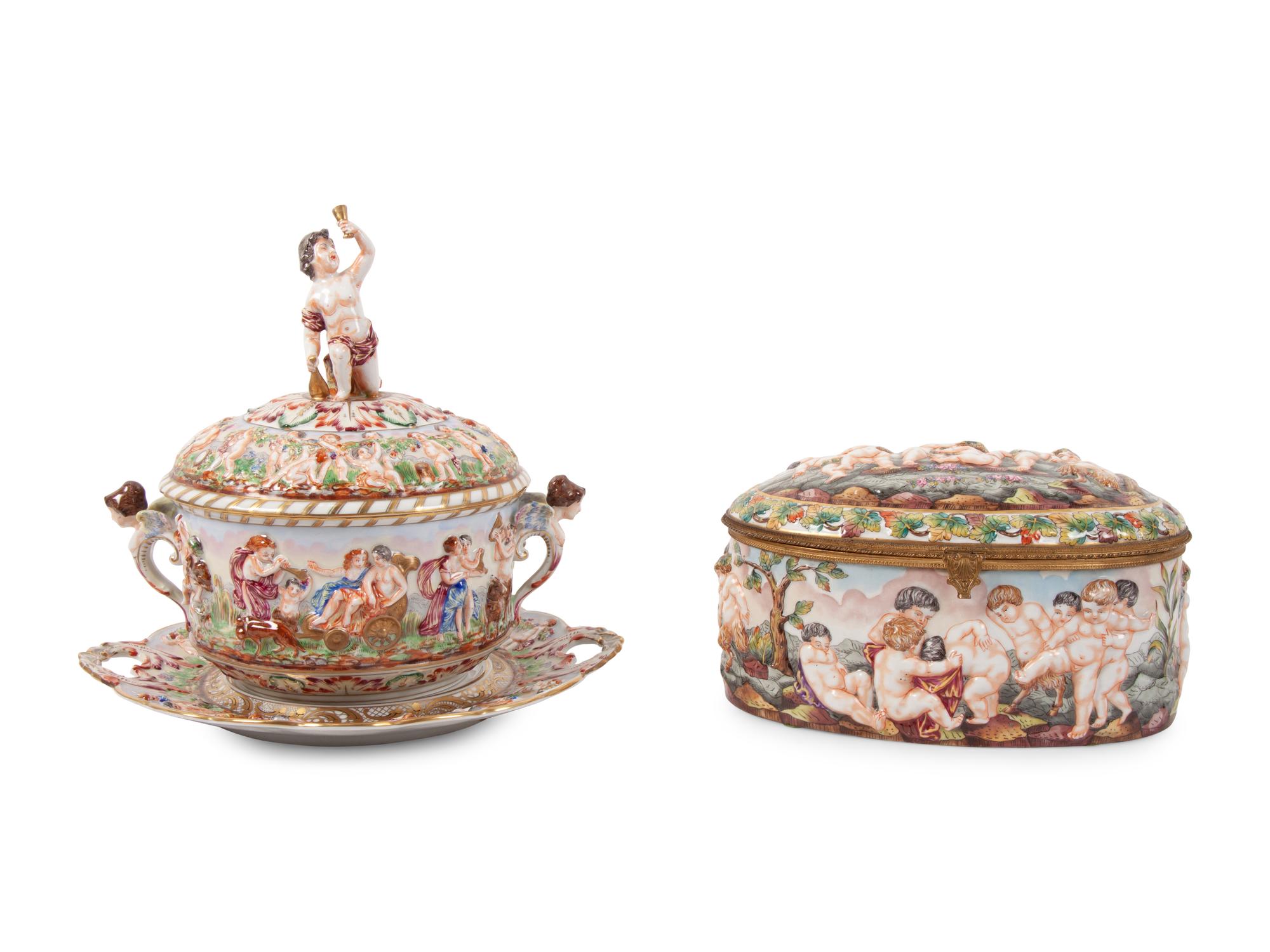 A Group of Capodimonte Porcelain Objects Including a Soup Tureen, Undertray and Hinged Box