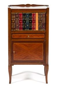 A Louis XV/XVI Style Walnut and Faux Book Side Cabinet Height 29 3/4 x width 15 1/2 x depth 11 3/4 inches. — CIRCA 1900