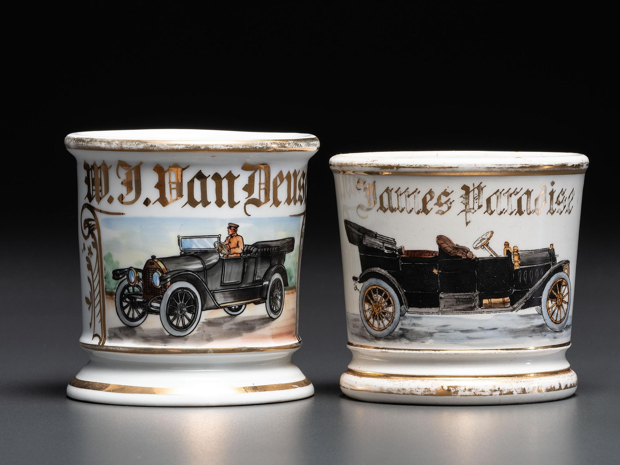 Two Open Touring Car Porcelain Occupational Shaving Mugs